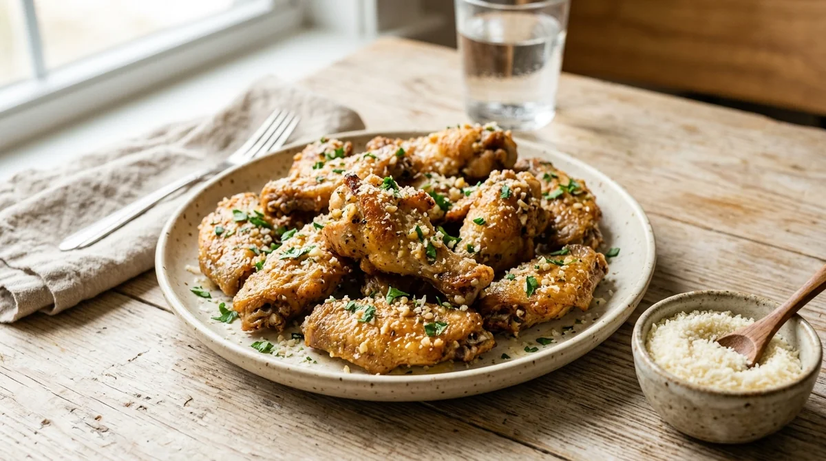 Foto referencial de Alitas de pollo con ajo y parmesano