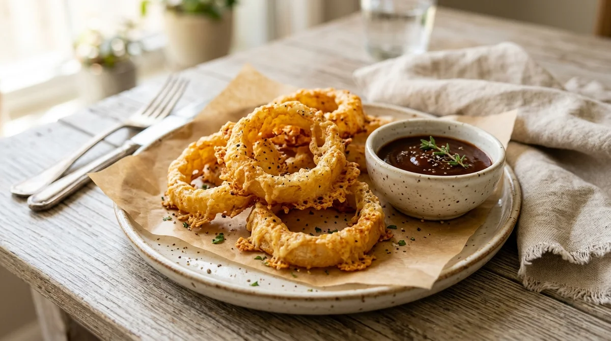 Foto referencial de Aros de cebolla crujientes con parmesano en airfryer