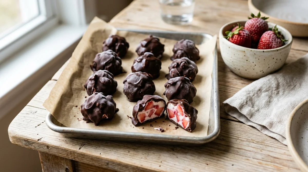 Foto referencial de Bocaditos congelados de yogur y fresas