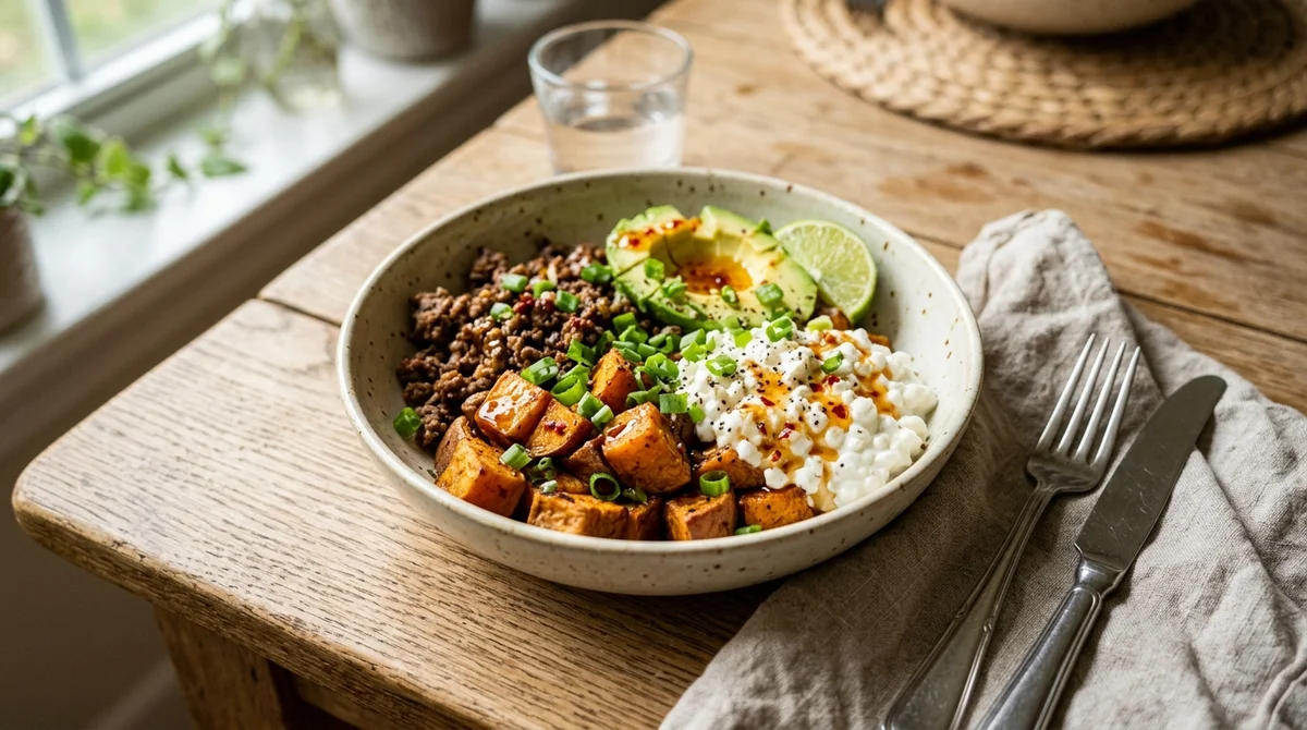 Foto referencial de Bowl de carne con camote y miel picante