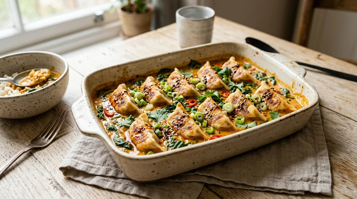 Foto referencial de Gyozas al horno en salsa de coco y curry