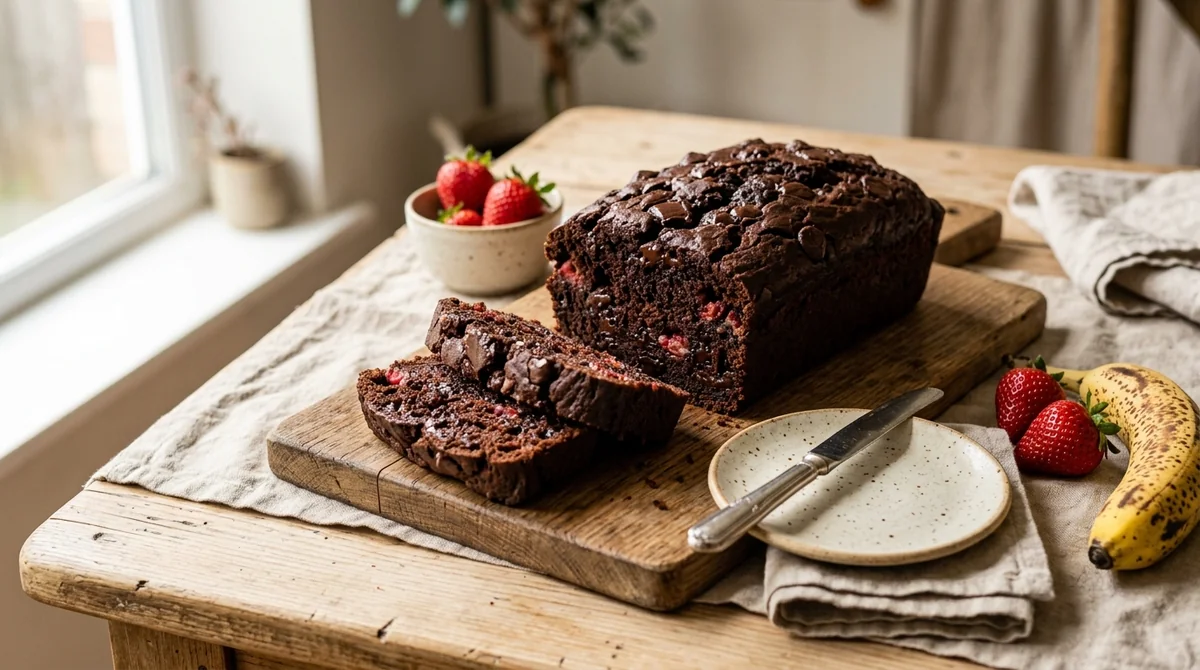 Foto referencial de Pan de plátano con chocolate y fresas