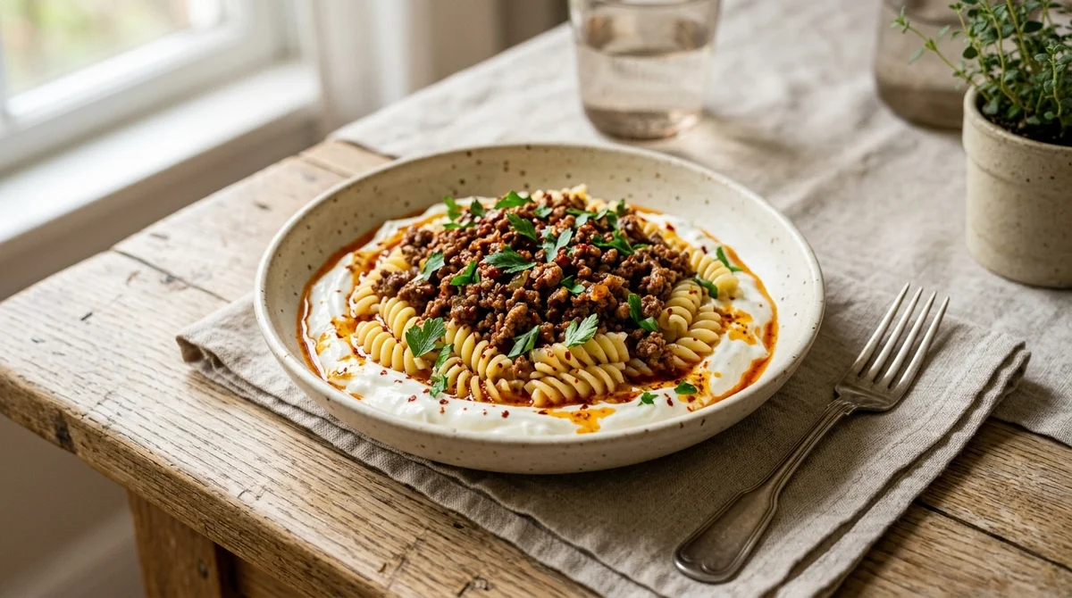 Foto referencial de Pasta turca con yogur de ajo