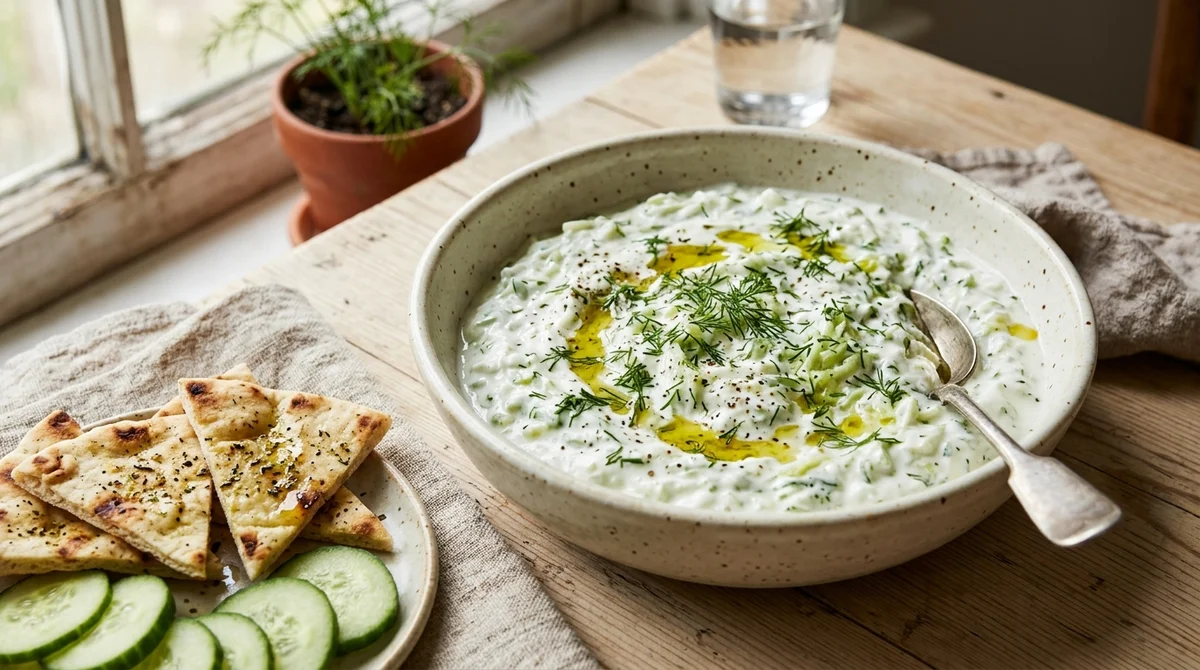 Foto referencial de Tzatziki (salsa griega de yogur y pepino)